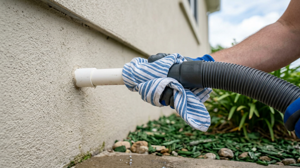 Wet dry vac hose connected to an outdoor AC condensate drain outlet to help clear buildup.