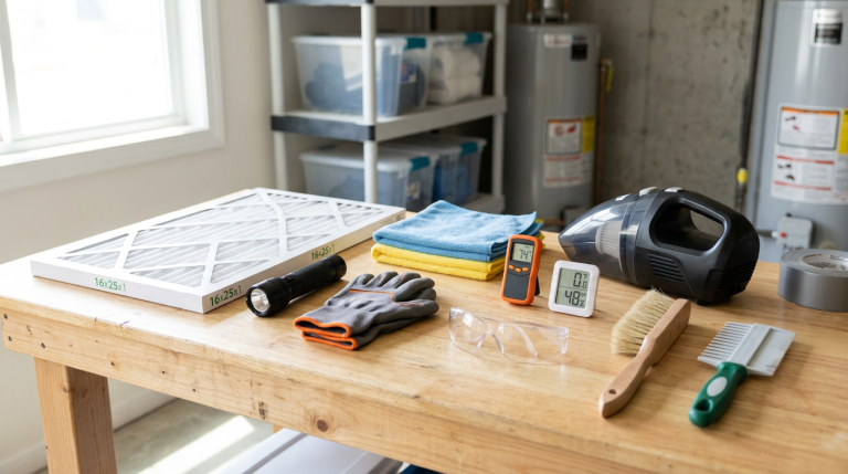HVAC maintenance tools for homeowners arranged on a clean workbench with an air filter, flashlight, gloves, safety glasses, and basic cleaning supplies.