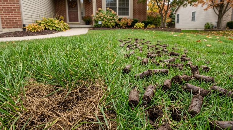 Side-by-side view of a thatchy lawn and a core-aerated lawn with soil plugs
