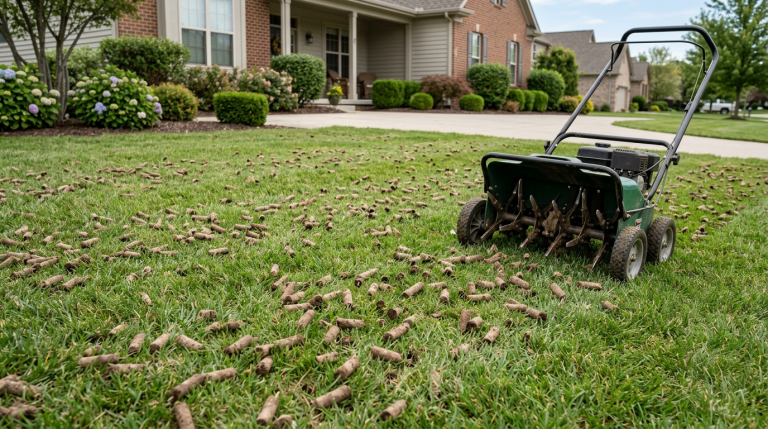 Lawn aerator on turf with visible soil plugs after core aeration