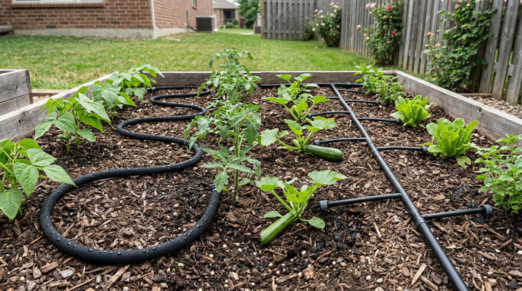 Soaker hose and drip irrigation line laid out side by side in a vegetable garden bed