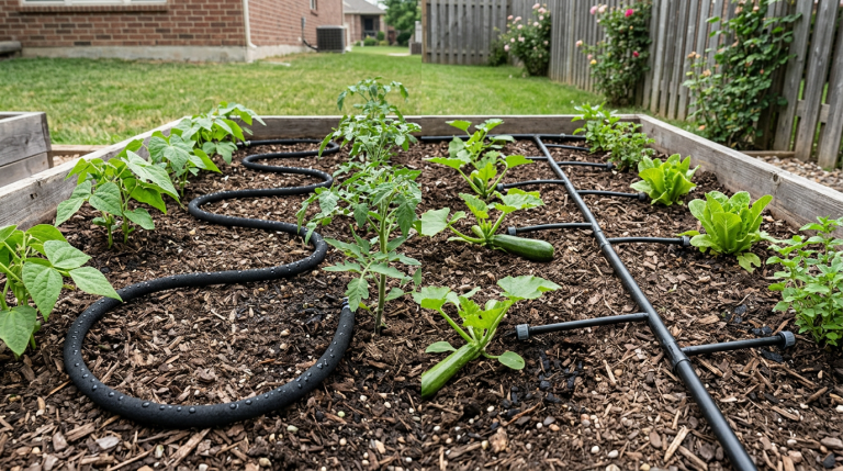 Soaker hose and drip irrigation line laid out side by side in a vegetable garden bed