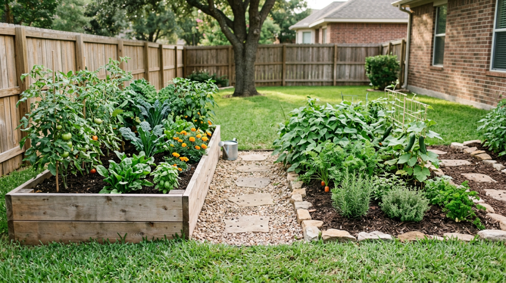 Raised bed garden beside an in-ground garden in a small backyard