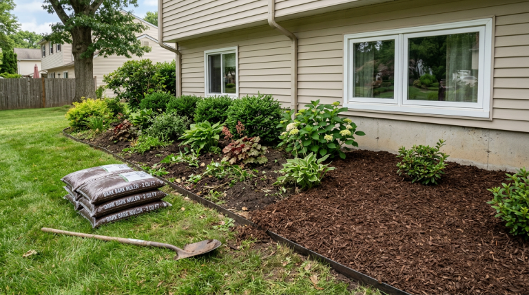 Partially mulched flower bed along a house foundation with mulch bags nearby