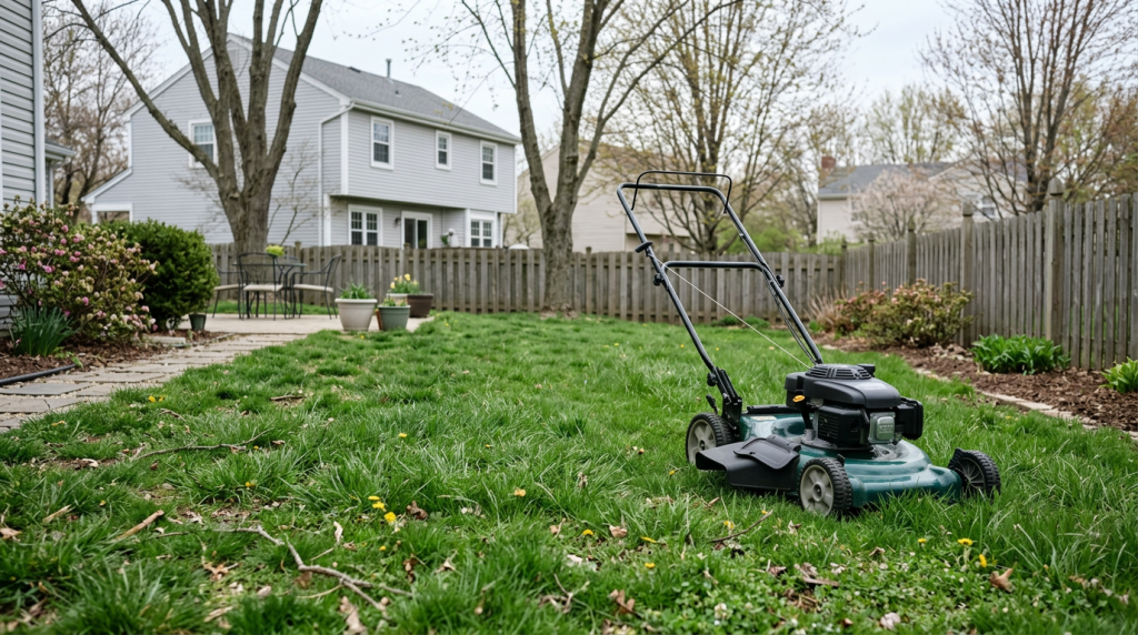 Lawn mower on a slightly overgrown backyard lawn in early spring