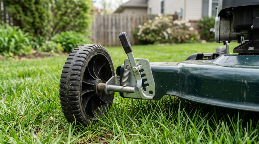 Lawn mower wheel height setting adjusted to a higher notch for spring mowing