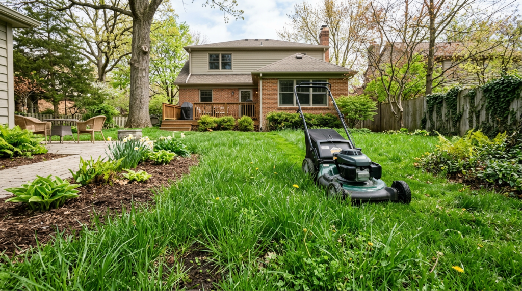 Slightly overgrown spring lawn with a mower ready nearby