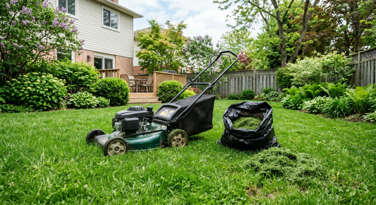 Lawn mower with grass bag beside a black trash bag filled with grass clippings