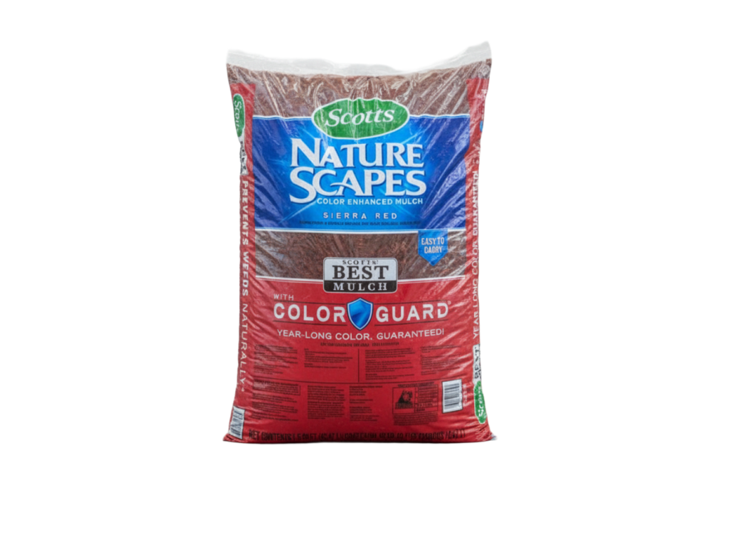 Bags of bark mulch and roll of landscape fabric