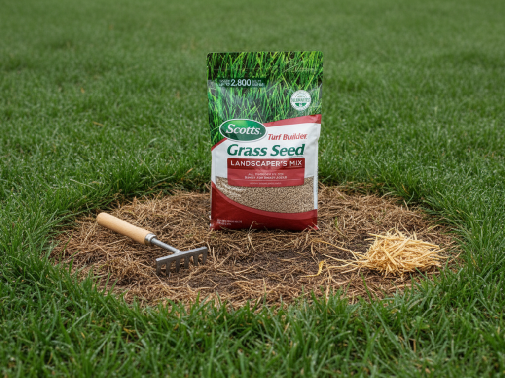 bag of grass seed sitting on a newly seeded bare spot of a lawn
