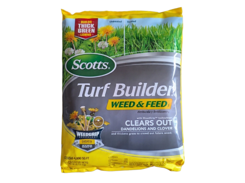 Bag of granular weed and feed product labeled for dandelion and clover control
