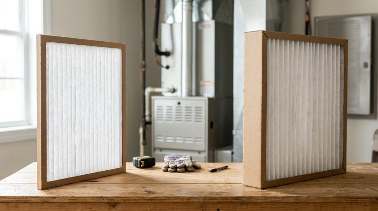 One-inch and four-inch generic furnace filters shown side by side for a homeowner comparison.