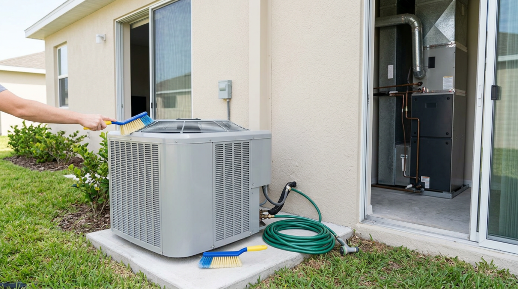 Outdoor AC condenser shown as the safer homeowner cleaning area compared with an indoor HVAC air handler.