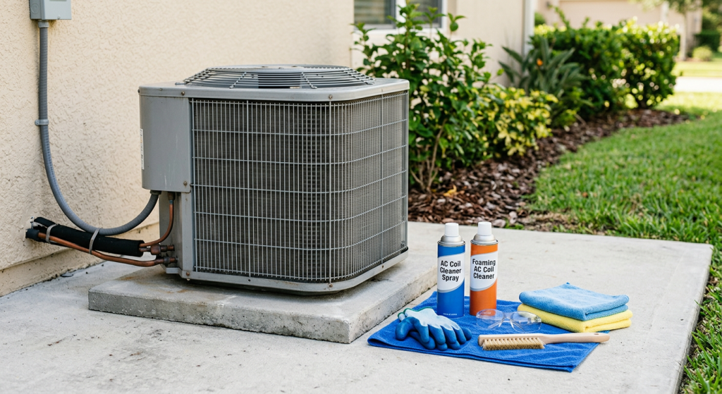 AC coil cleaner spray and foaming coil cleaner supplies beside an outdoor air conditioner condenser for homeowner maintenance.