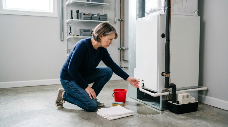 Homeowner checking water on the floor near an indoor HVAC unit when the AC is leaking inside the house.