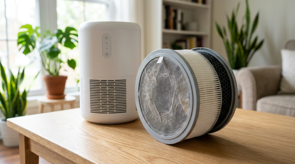 Air purifier filter components showing a pre-filter and HEPA-style filter for pet hair and dust control.