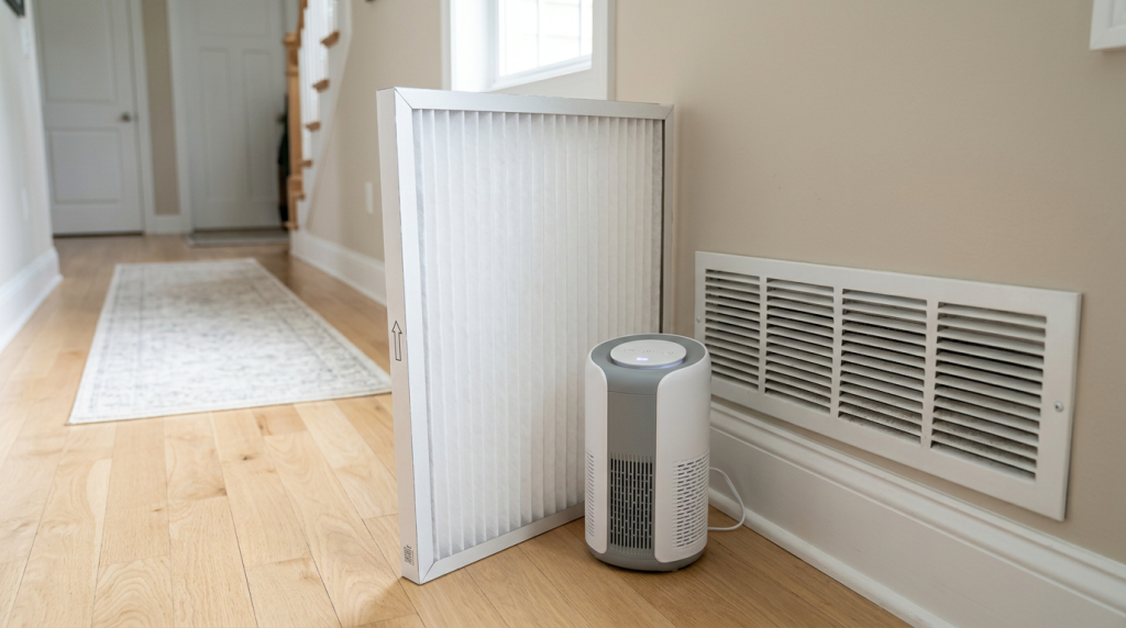 Clean HVAC filter beside a portable air purifier near a return grille to show dust control support.