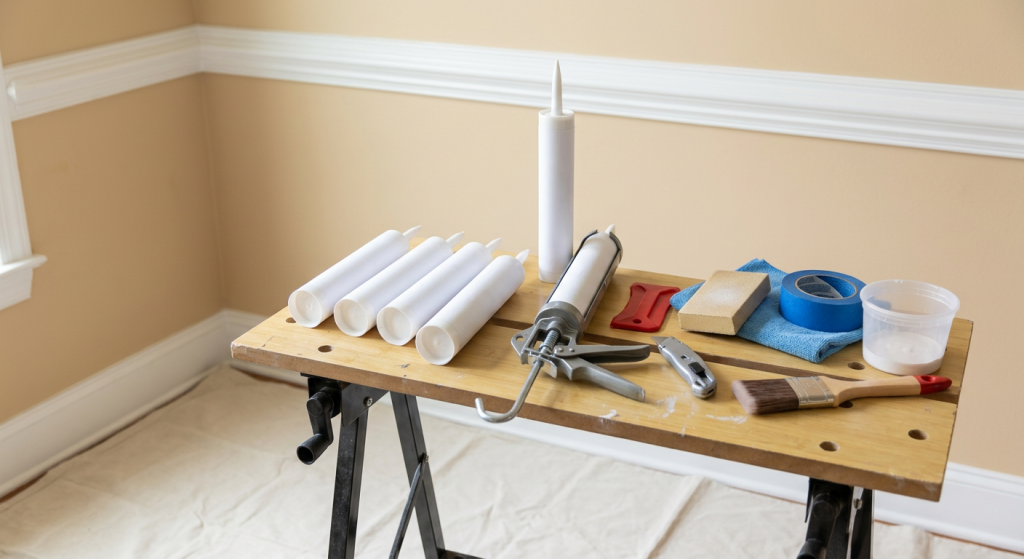 Generic paintable caulk tubes and trim painting tools arranged before caulking crown molding.