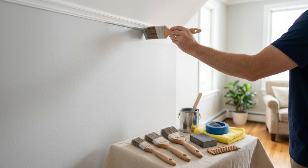 Angled paint brushes arranged beside a homeowner cutting in a wall near the ceiling.