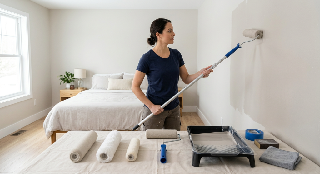Paint rollers and supplies arranged while a smooth greige wall is painted with a roller.