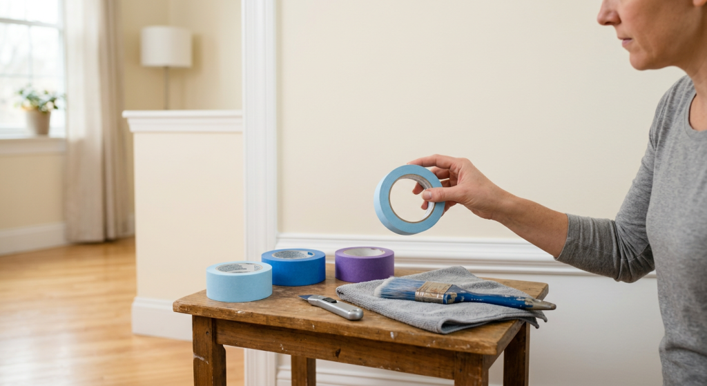 Generic painter’s tape rolls and painting tools arranged near a freshly painted wall.