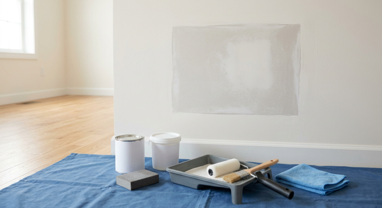 Primer, mini roller, and patching tools arranged below a repaired drywall patch before painting.