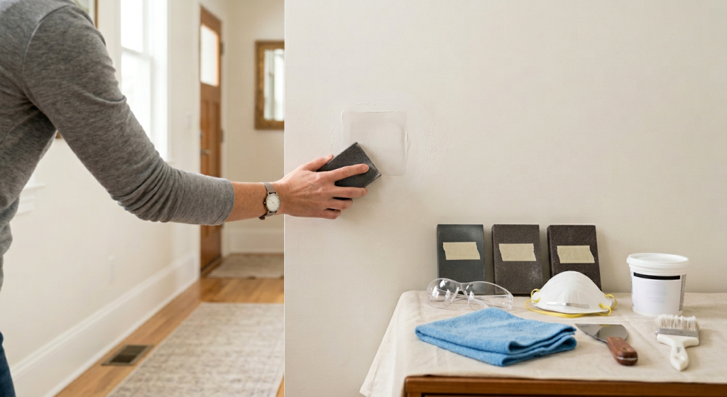 Homeowner sanding a small drywall patch with sanding sponges and repair tools nearby.
