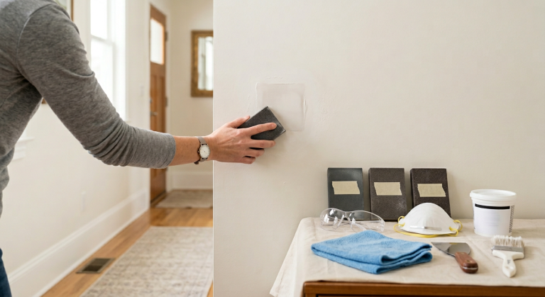 Homeowner sanding a small drywall patch with sanding sponges and repair tools nearby.