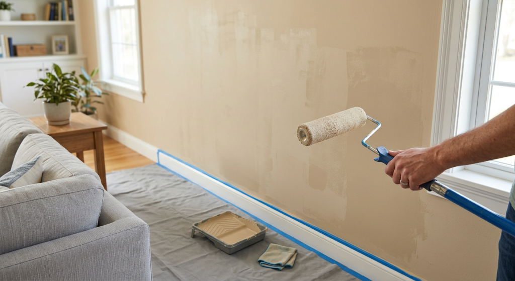 Blotchy beige wall paint being corrected with a roller in a clean living room.