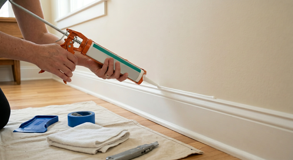 Homeowner applying a thin bead of paintable caulk along baseboard trim before painting.