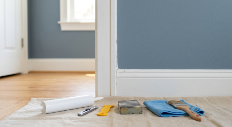 Cracked painted caulk seam along interior door trim with repair tools nearby.