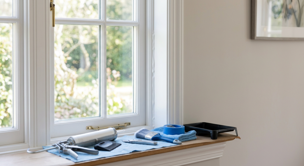 Fresh paintable caulk drying along window trim before painting.