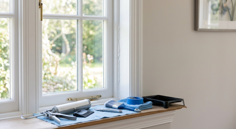 Fresh paintable caulk drying along window trim before painting.