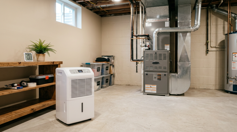 Portable dehumidifier and HVAC equipment in a clean basement showing moisture control and air conditioning options.
