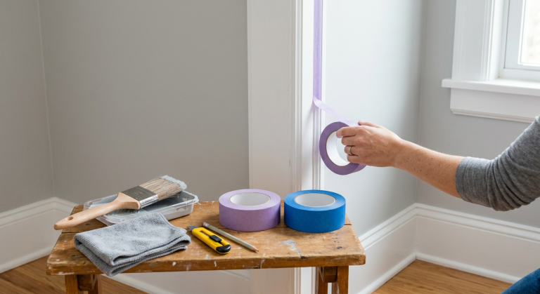 Delicate surface painters tape and regular painters tape compared beside a painted wall and trim.