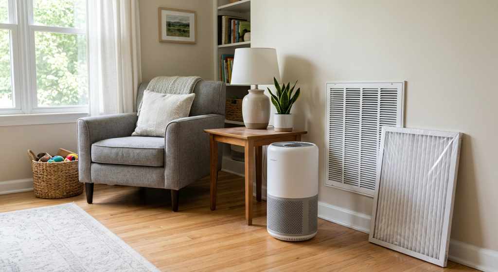 Portable air purifier near a wall vent with a clean HVAC filter for helping reduce airborne dust.