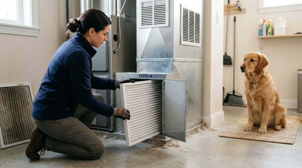 Generic furnace filter being replaced in a home with a pet nearby for managing pet hair and dust.