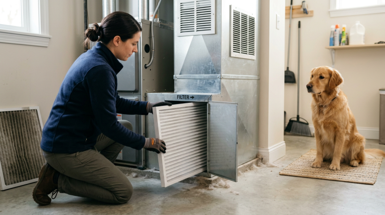 Generic furnace filter being replaced in a home with a pet nearby for managing pet hair and dust.