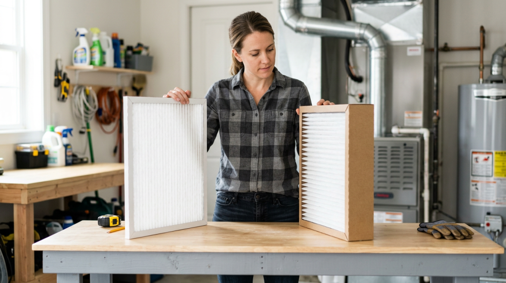 One-inch and four-inch generic furnace filters shown side by side for comparison.