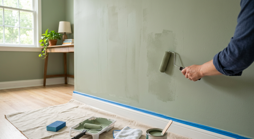 Patchy sage-green painted wall being repaired with a mini roller after the paint dried unevenly.