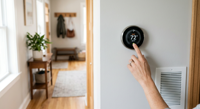 Homeowner adjusting a generic smart thermostat on a wall for home heating and cooling control.