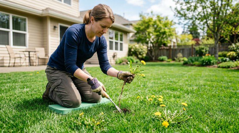 Homeowner using a hand weeding tool to remove dandelions from a cool season lawn.