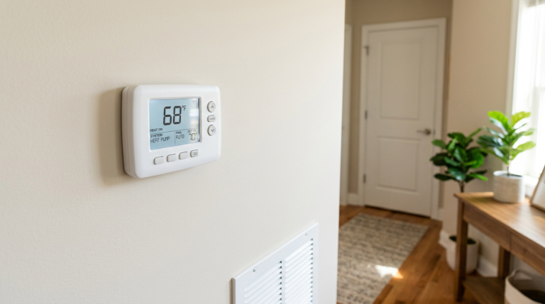 Generic modern thermostat on a wall for a homeowner choosing a thermostat for a heat pump system.