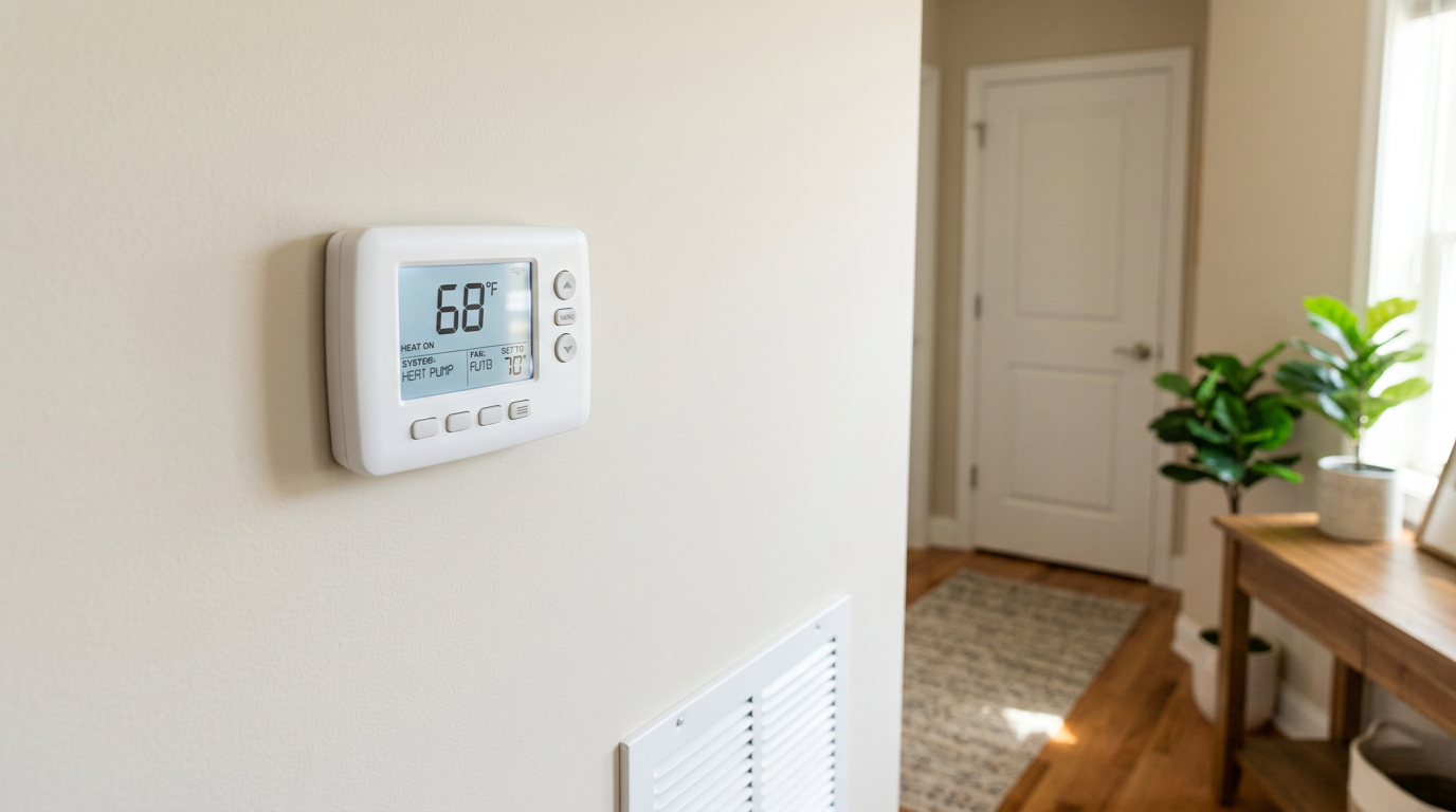 Generic modern thermostat on a wall for a homeowner choosing a thermostat for a heat pump system.