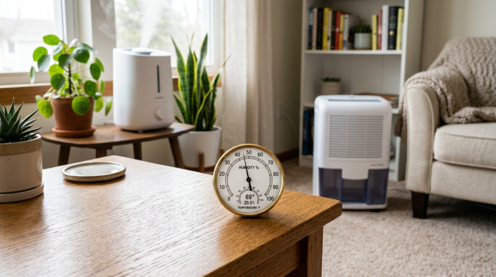 Humidity gauge shown between a portable humidifier and dehumidifier to help homeowners choose the right moisture control product.