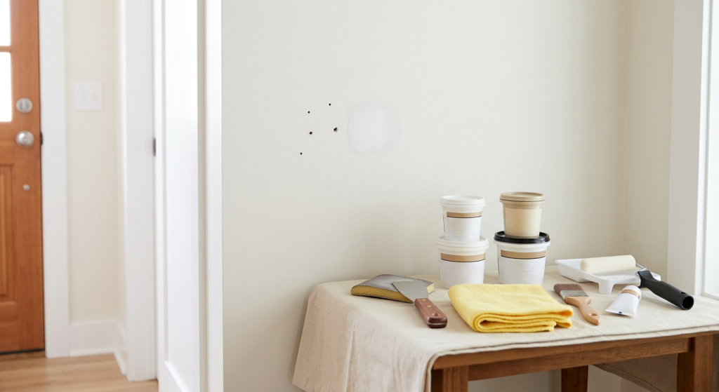 Small nail holes in an interior wall with spackle, putty knife, sanding sponge, and painting tools nearby.