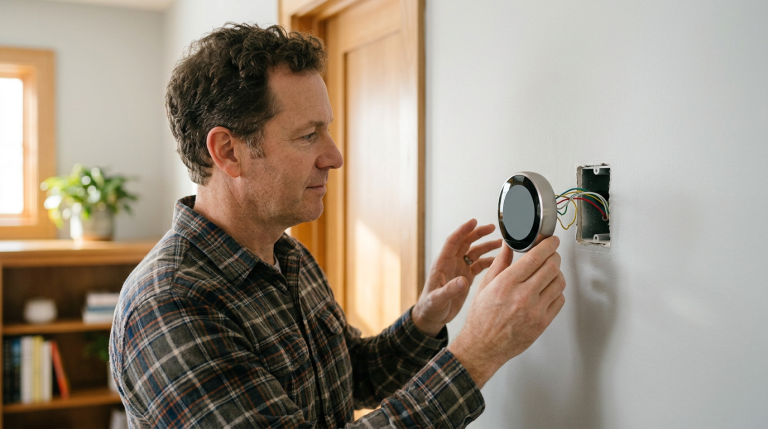 Generic smart thermostat being checked by a homeowner for no C-wire compatibility.