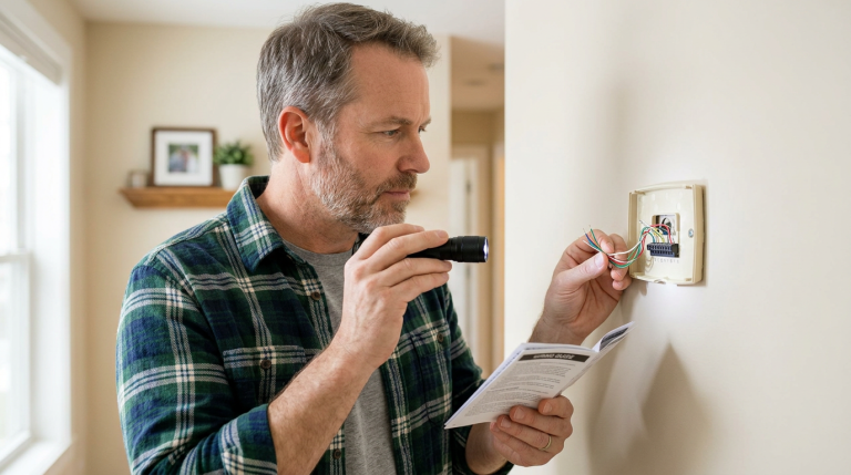 Homeowner checking low-voltage thermostat wires to see if a smart thermostat needs a C-wire.