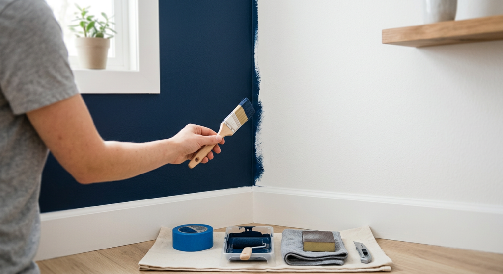 Fuzzy paint line where navy-blue paint bled under painters tape on an accent wall.