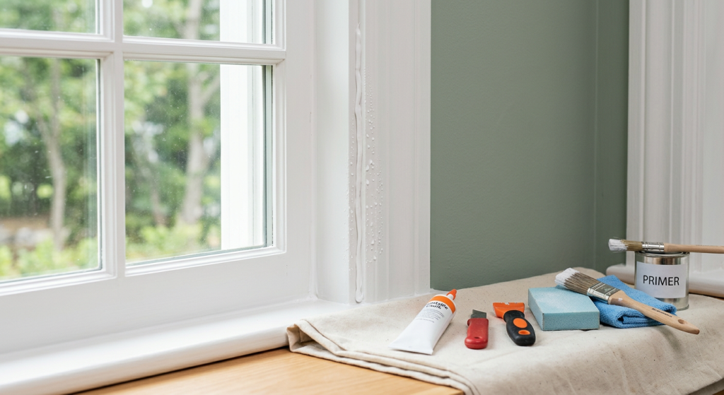 Paint beading on a caulk seam near window trim with repair tools nearby.
